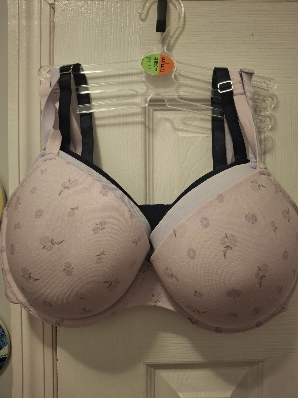 Primark Light Pink Floral Padded T-Shirt Bra with Navy Trim